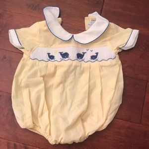 Yellow seersucker boys whale romper